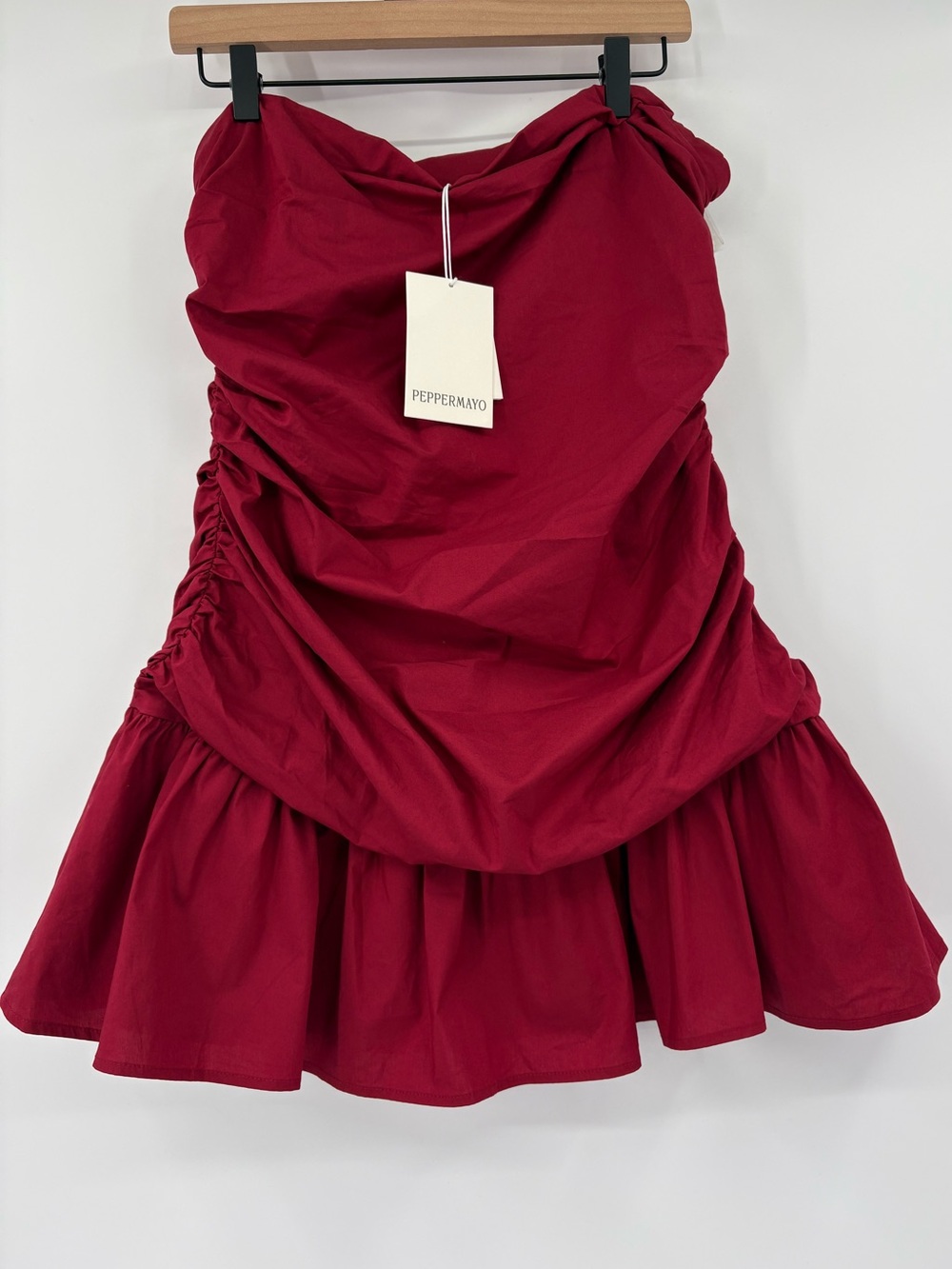 Peppermayo Carmel Mini Dress Merlot Red Strapless Ruched Drop Waist NWT US 12 - Picture 7 of 14